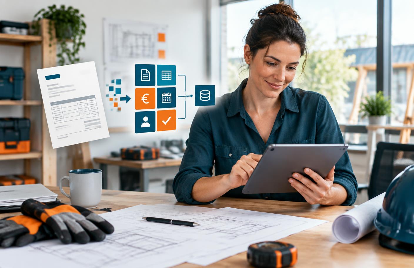 Handwerksunternehmerin bearbeitet eine digitale Rechnung am Tablet
