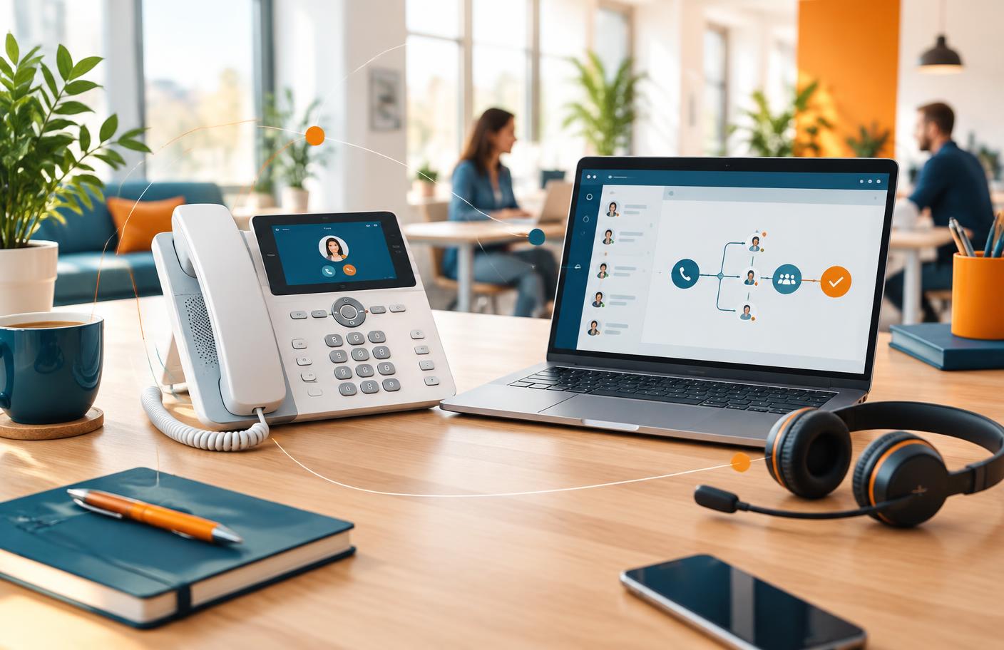 Helles Büro mit modernem VoIP-Tischtelefon, Headset und Browser-Telefonie